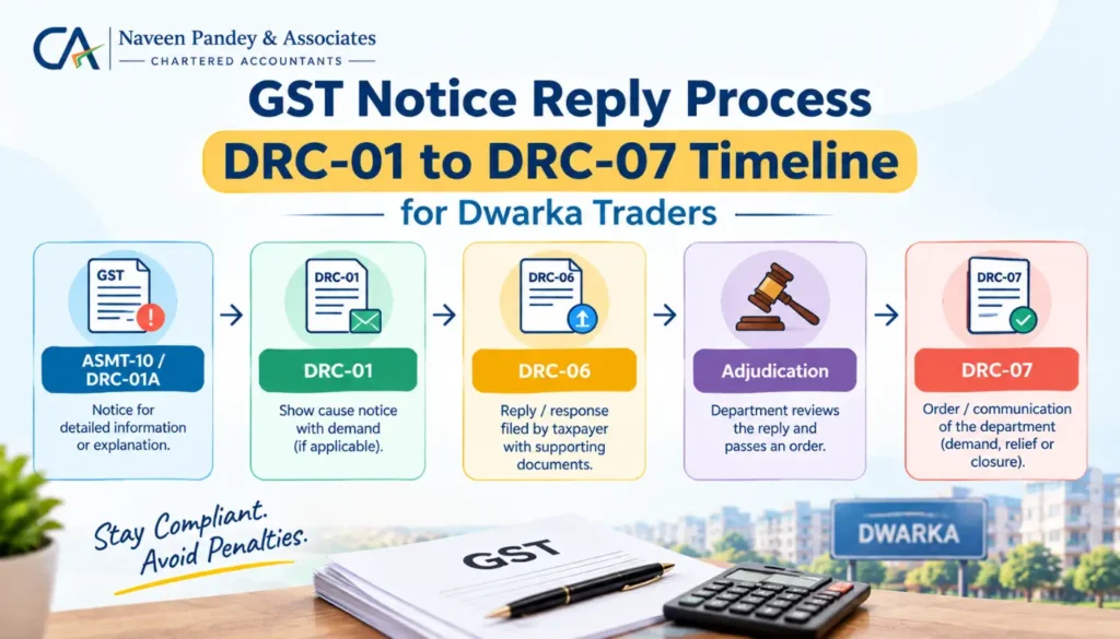 GST notice reply process, DRC-01 to DRC-07 timeline for Dwarka traders
